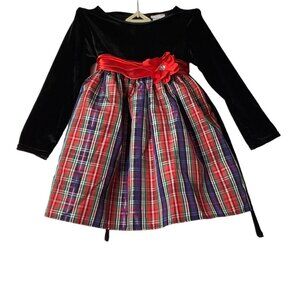 Sweet Heart Rose Girl  Black Red Plaid Bow Long Sleeve Winter Christmas Dress 4T